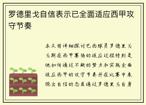 罗德里戈自信表示已全面适应西甲攻守节奏