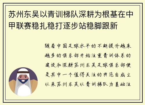 苏州东吴以青训梯队深耕为根基在中甲联赛稳扎稳打逐步站稳脚跟新